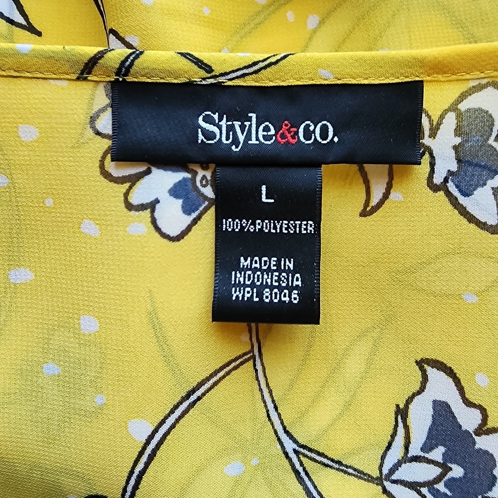 Style & Co. Women's Yellow Floral Sheer Top Bell Sleeve - Picture 2 of 4
